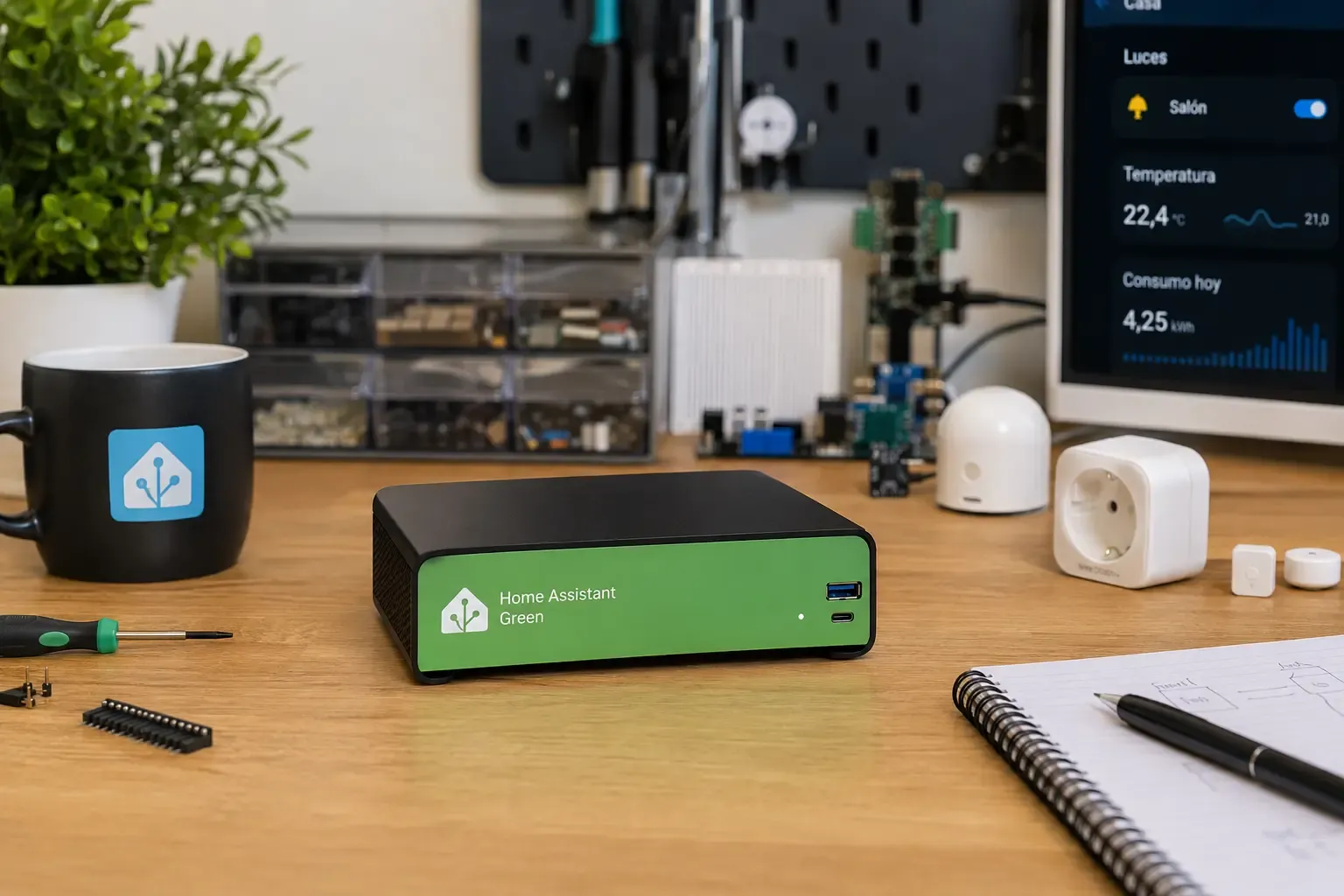 hub domótico Home Assistant Green sobre mesa de trabajo