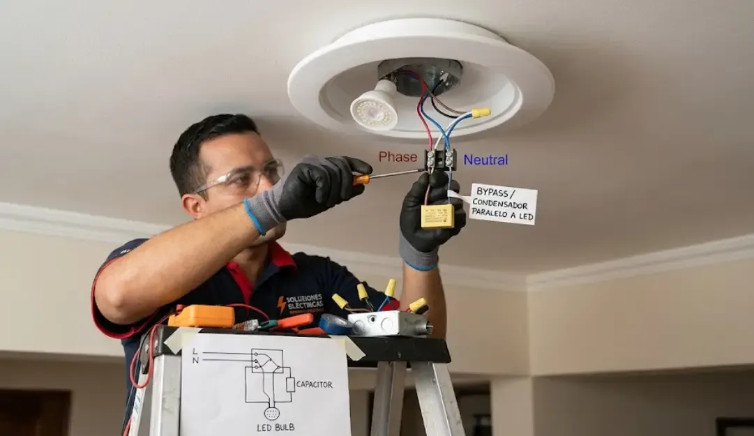 Instalación del bypass/condensador en el techo, conectado en paralelo con la bombilla LED