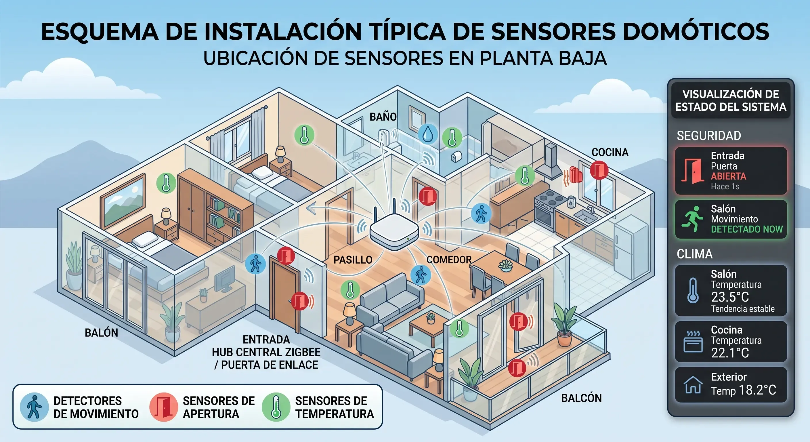 Esquema de instalación típica de sensores domóticos en una vivienda: ubicación de detectores de movimiento, apertura y temperatura