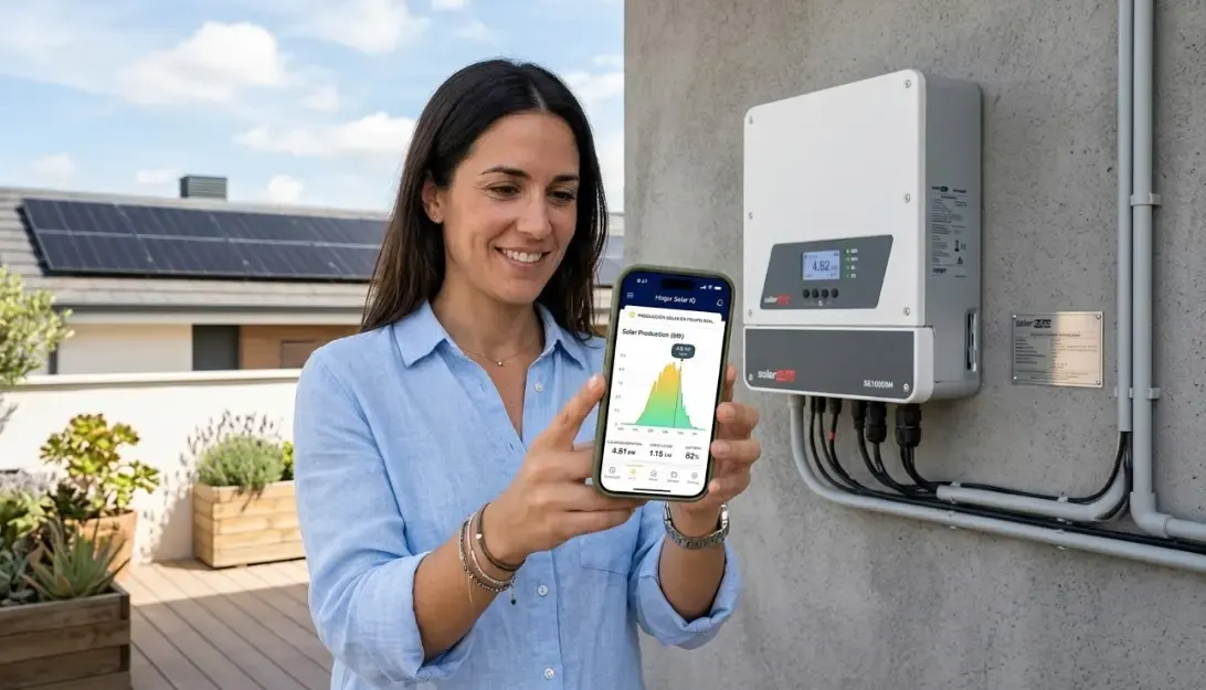 Persona sosteniendo un smartphone con una aplicación domótica que muestra gráficos de producción solar en tiempo real, frente a un inversor solar moderno instalado en una pared.