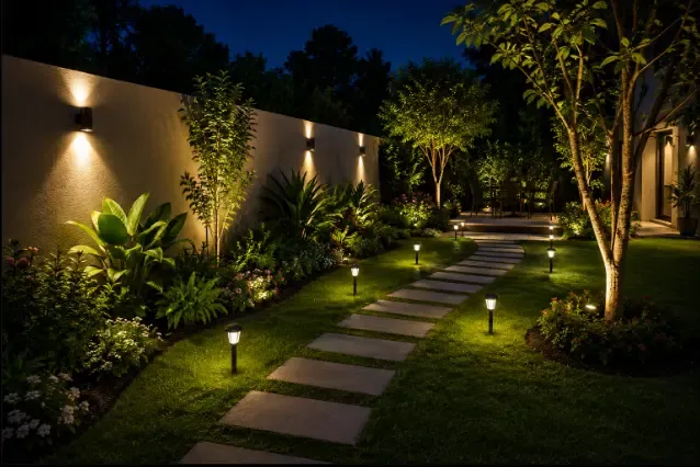 Vista general de un jardín iluminado con luces solares de camino y focos de pared
