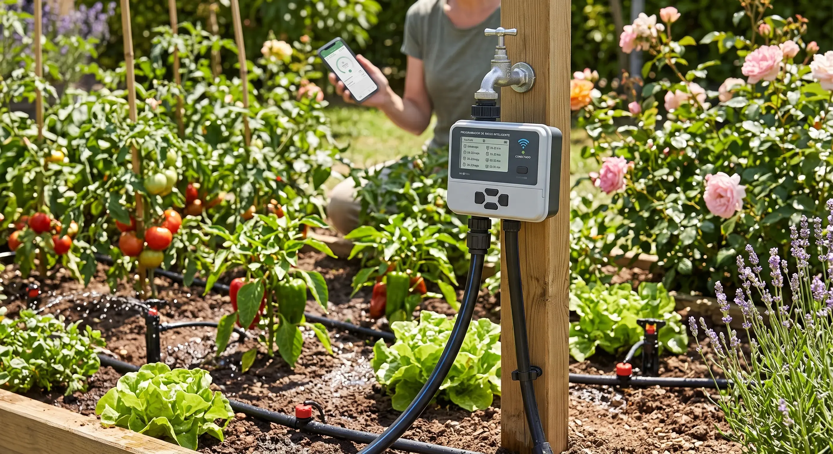 Jardín con programador de riego inteligente conectado a una tubería