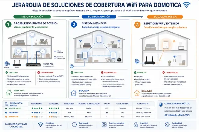 Jerarquía de soluciones de cobertura WiFi para domótica: AP cableado, mesh, repetidor