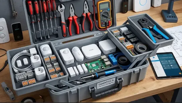 Kit de herramientas para domótica: pelacables, multímetro y conectores WAGO Kit de herramientas para domótica con pelacables, multímetro y conectores WAGO organizados
