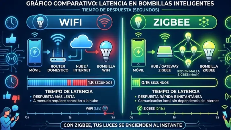 La diferencia de latencia entre WiFi y Zigbee es abismal: 1.8s vs 0.15s Gráfico comparativo latencia WiFi vs Zigbee: 1.8 segundos frente a 0.15 segundos en bombillas inteligentes