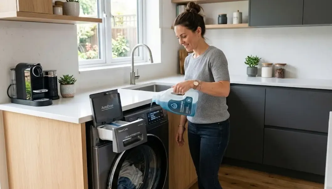 Persona llenando el depósito automático de una lavadora con dosificación inteligente en una cocina de diseño moderno, ahorrando tiempo y detergente.
