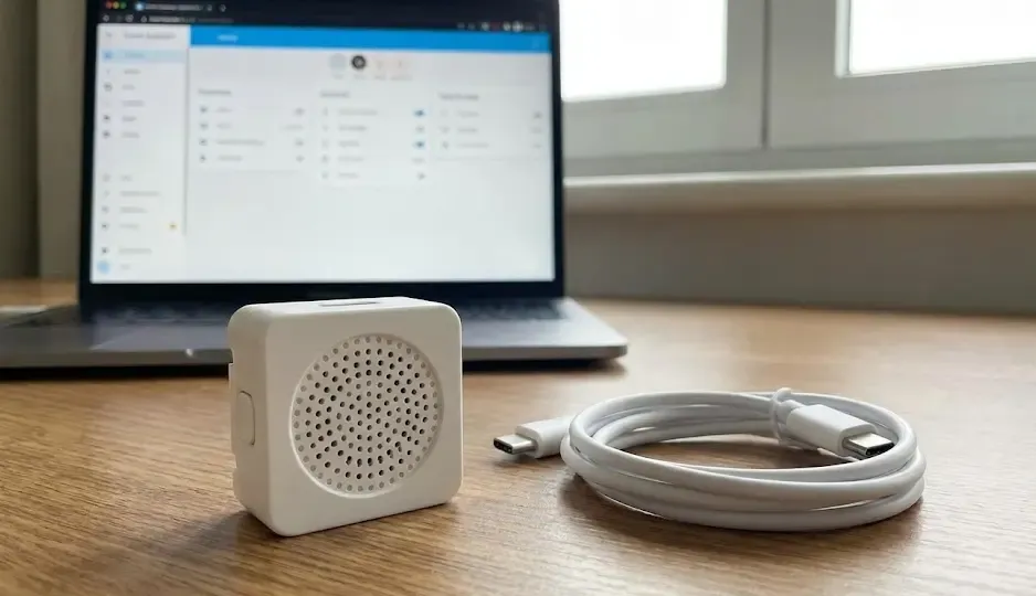Pequeño dispositivo cuadrado blanco M5Stack Atom Echo junto a un cable USB, usado como micrófono para Home Assistant