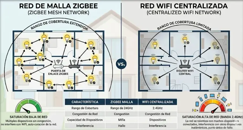 Por qué Zigbee es mejor que WiFi para muchas bombillas: red en malla vs router único Diagrama red malla Zigbee vs red WiFi centralizada para bombillas inteligentes: diferencia de cobertura y saturación