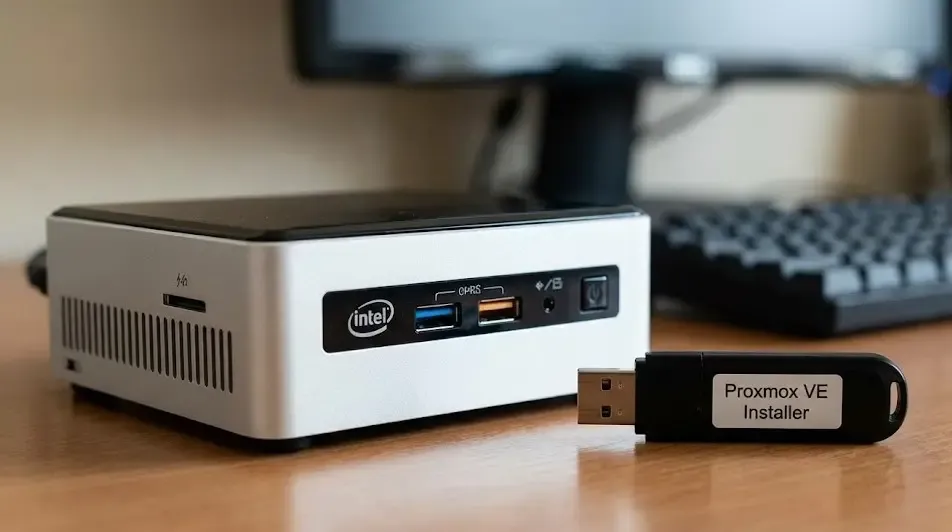 Mini PC de formato pequeño tipo Intel NUC junto a una memoria USB de arranque, hardware ideal de bajo consumo para instalar Proxmox.