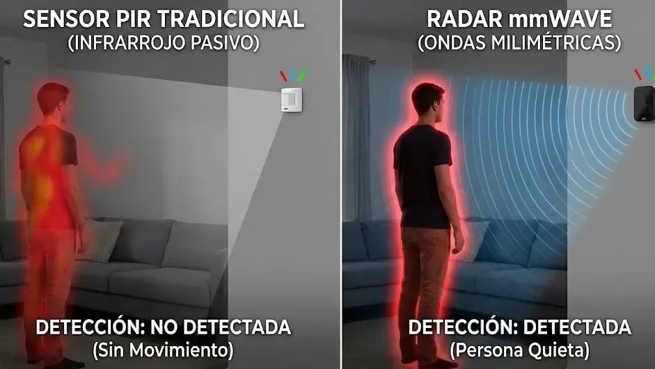 Comparativa visual entre un sensor PIR tradicional y un radar mmWave detectando una persona quieta
