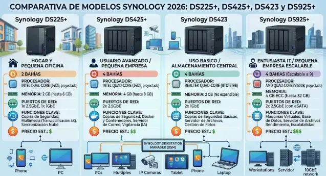 Comparativa de modelos Synology 2026: DS225+, DS425+, DS423 y DS925+