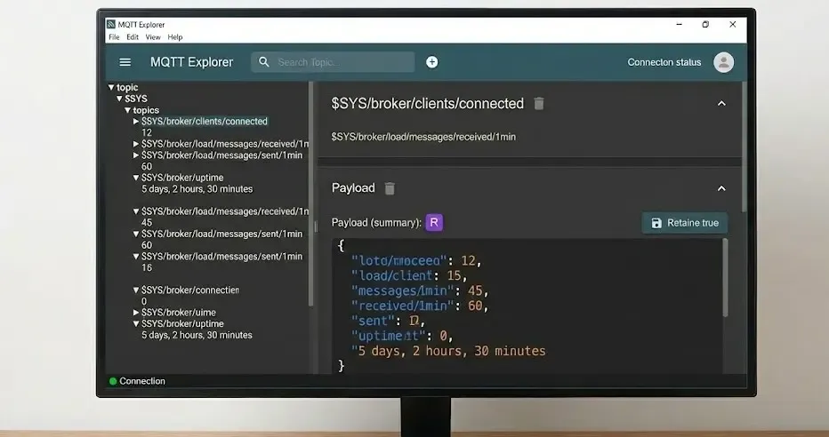 Captura de pantalla de MQTT Explorer con la rama de sistema $SYS desplegada, mostrando estadísticas en tiempo real como clientes conectados, uptime y carga del broker.