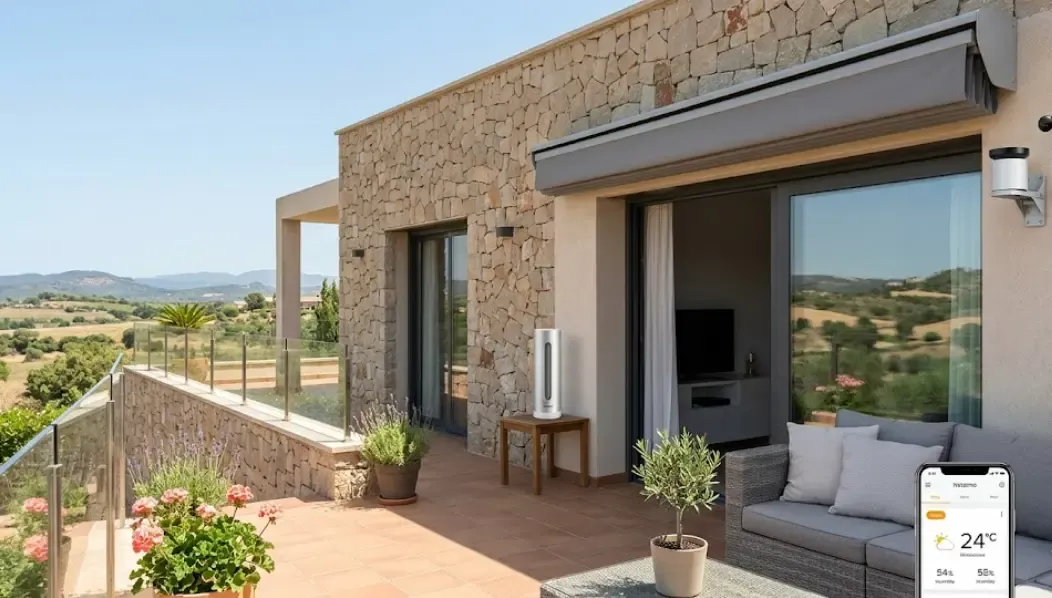 Estación meteorológica Netatmo instalada en terraza con toldo recogido