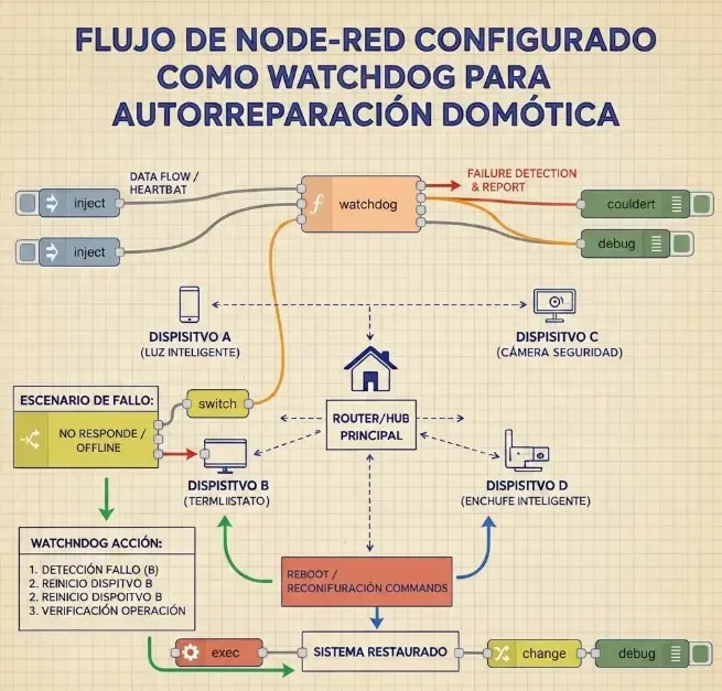 Flujo de Node-RED configurado como Watchdog para autoreparación domótica.