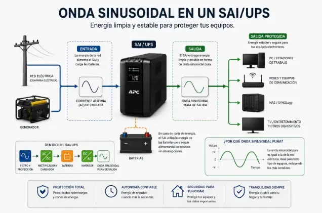 Comparativa de onda sinusoidal pura vs onda modificada en un SAI