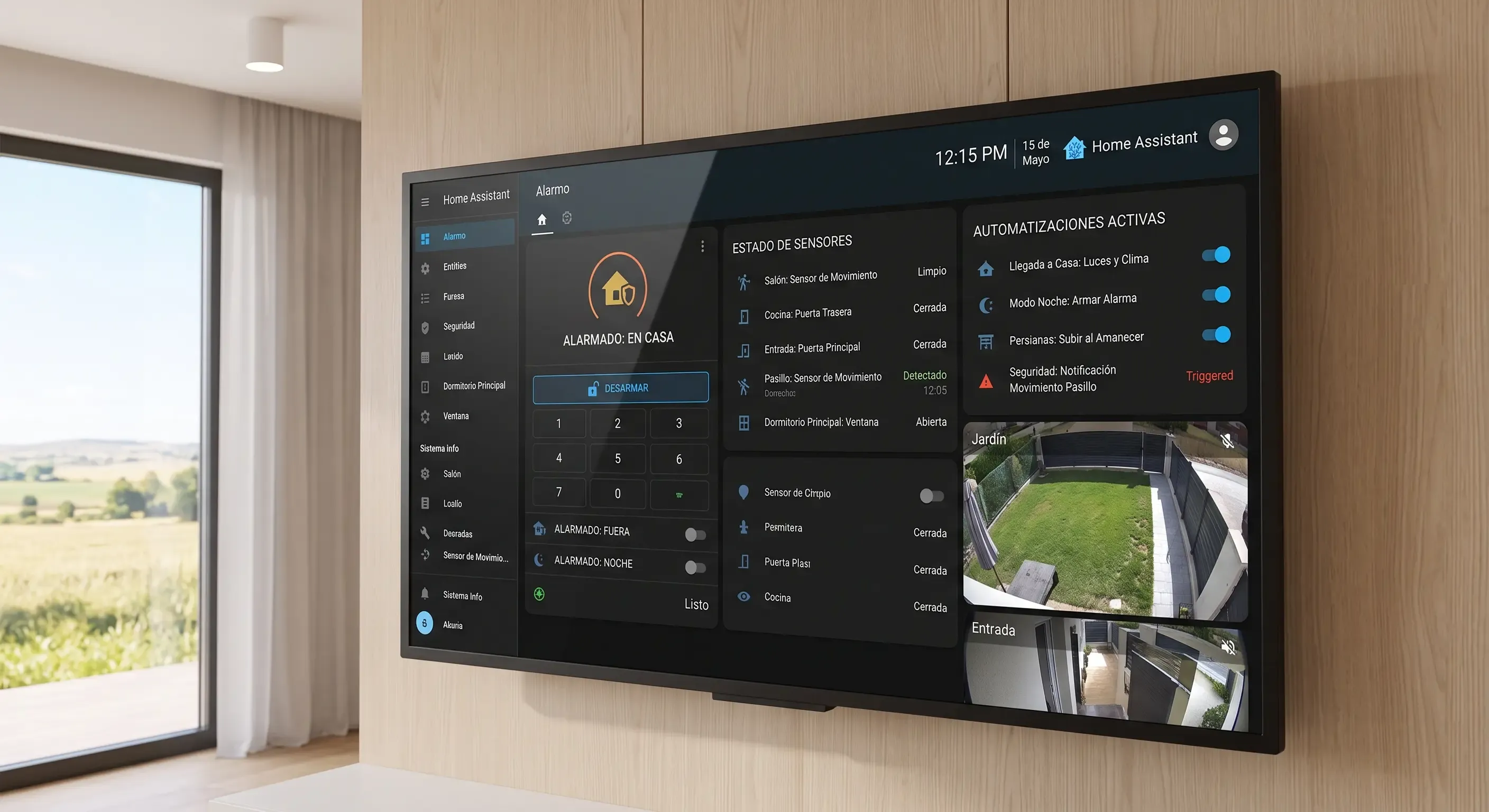 Panel de control de Home Assistant con integración de Alarmo, mostrando el estado de los sensores y automatizaciones activas