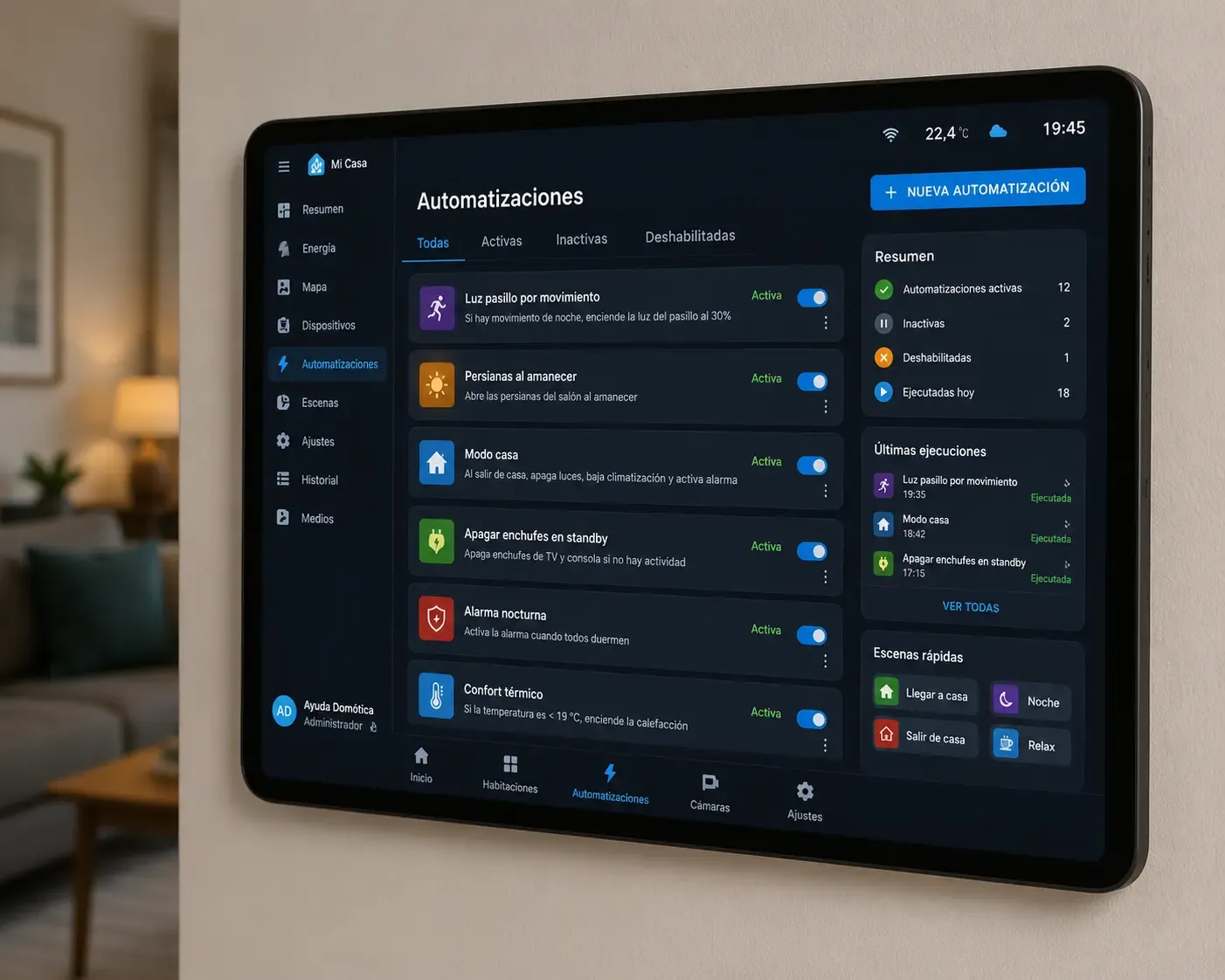 panel de automatizaciones de un hub domótico en tablet de pared