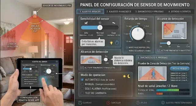 Panel de configuración de zonas y sensibilidad de un detector de movimiento