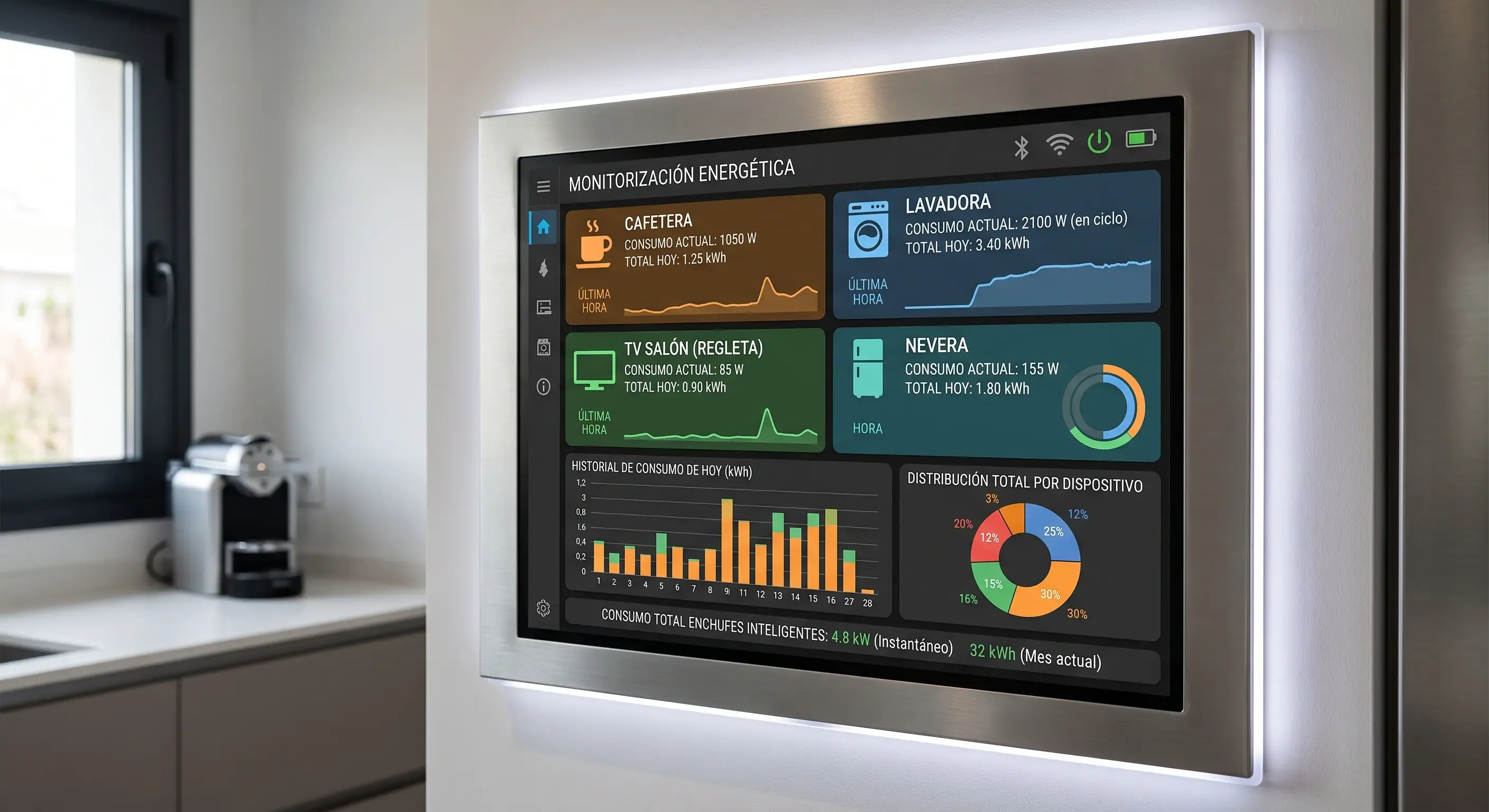 Panel de control mostrando el consumo energético de varios enchufes inteligentes