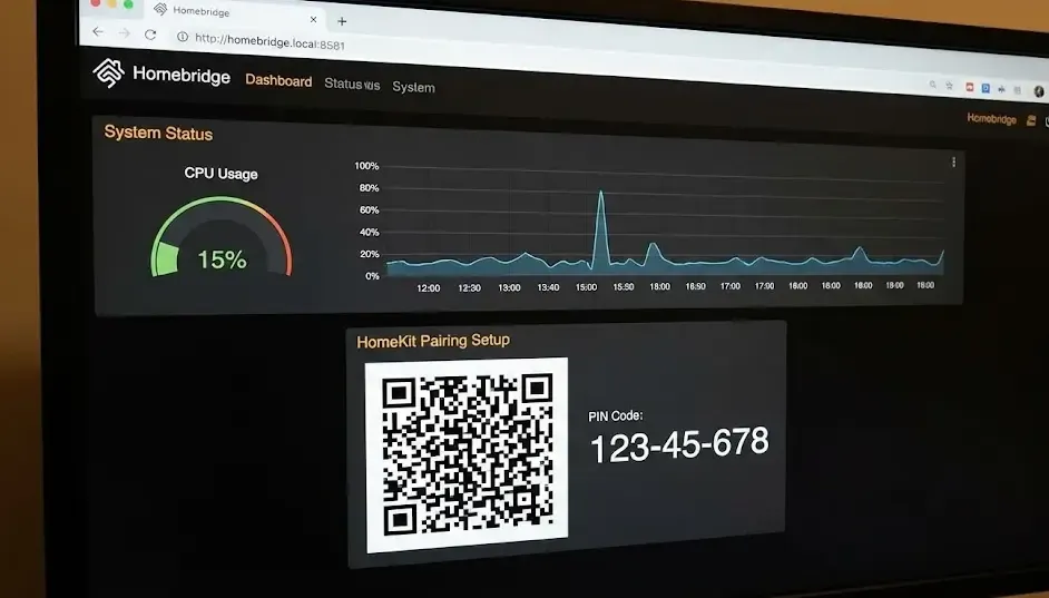 Captura de pantalla del panel de control web de Homebridge mostrando el uso de CPU y el código QR de emparejamiento con Apple HomeKit