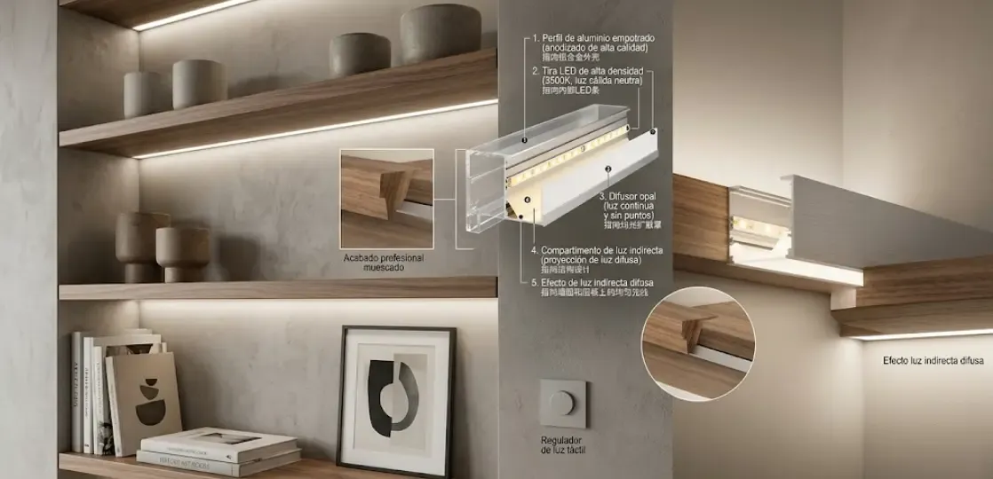 Perfil de aluminio para tira LED en estantería con efecto luz indirecta difusa y acabado profesional