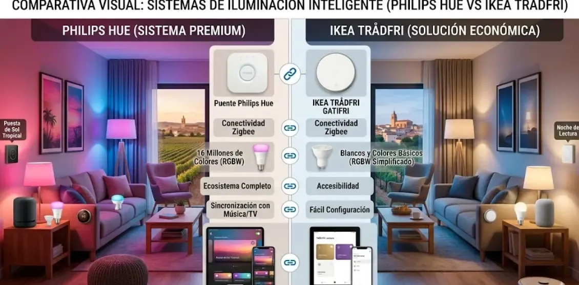 Comparativa visual entre bombillas inteligentes Philips Hue y el sistema Ikea TRÅDFRI con sus respectivos puentes de conexión en un entorno de salón domotizado.