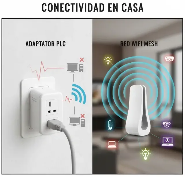 Composición visual que enfrenta un adaptador PLC enchufado a la pared contra un moderno nodo de diseño WiFi Mesh emitiendo ondas de señal en un entorno de casa inteligente