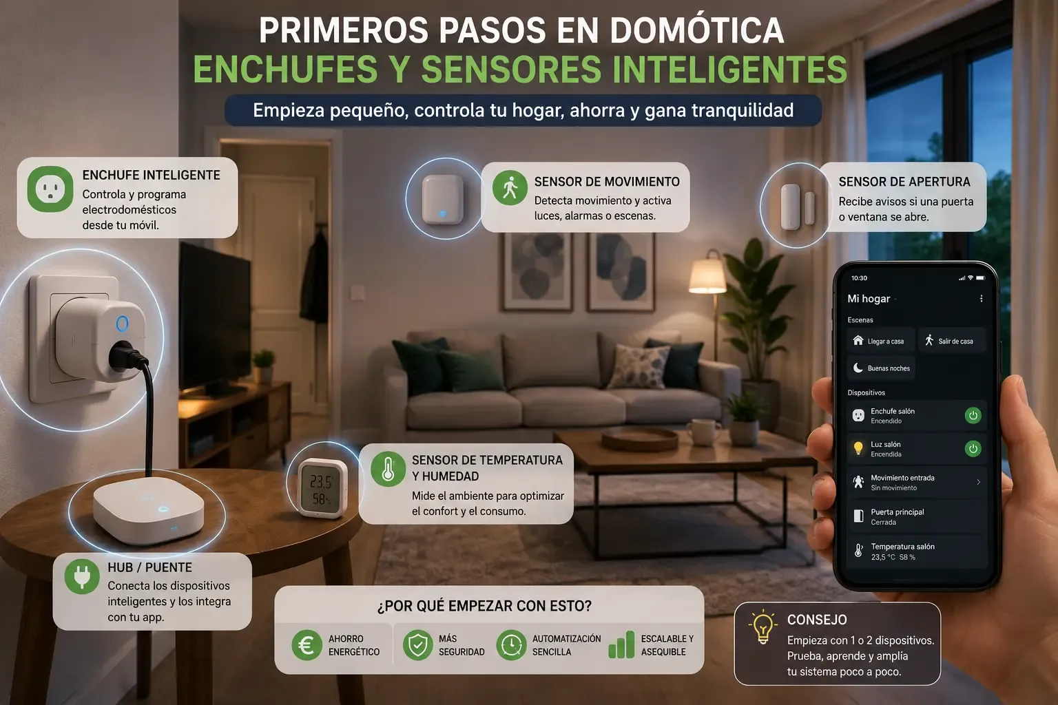 ejemplo de instalación de enchufes y sensores inteligentes para empezar a domotizar la casa