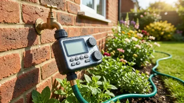 Programador de riego para grifo exterior instalado en una llave de jardín