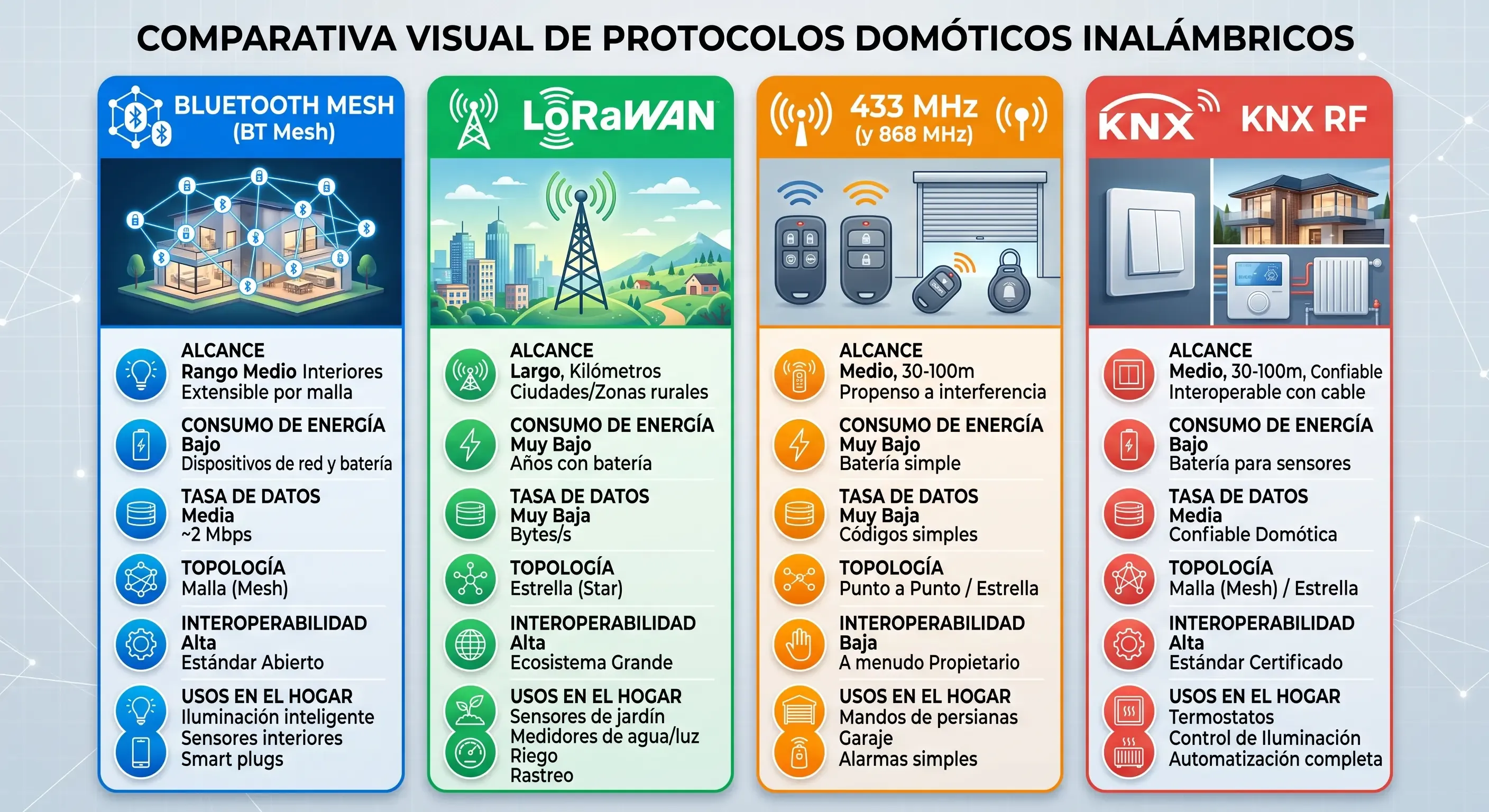 Comparativa visual de protocolos domóticos Bluetooth Mesh, LoRaWAN, 433 MHz y KNX RF