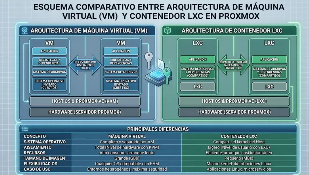 Esquema comparativo entre arquitectura de Máquina Virtual y Contenedor LXC en Proxmox