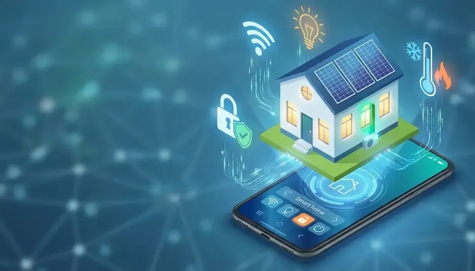 Ilustración conceptual de una casa inteligente flotando sobre un smartphone, mostrando iconos de wifi, luces, seguridad y temperatura