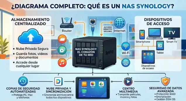 Diagrama de componentes internos de un NAS Synology: CPU, RAM, bahías de discos y conexiones de red