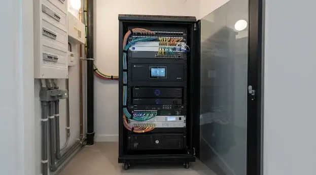 Armario rack con patch panel y switch para instalación domótica