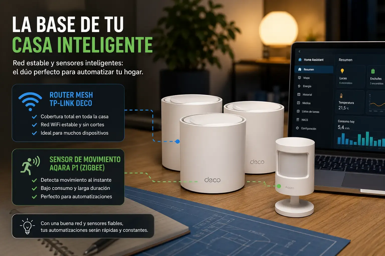 Router mesh y sensor de movimiento Zigbee sobre una mesa de trabajo domótica