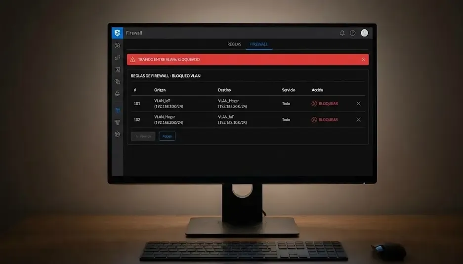 Ejemplo de reglas de firewall bloqueando tráfico entre VLANs