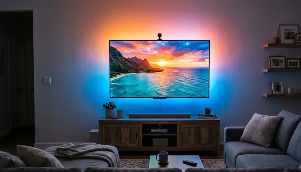 Resultado final de un kit Govee T2 instalado en una sala de estar con televisor de 65 pulgadas
