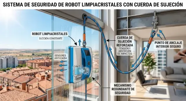 Sistema de seguridad de robot limpiacristales con cuerda de sujeción