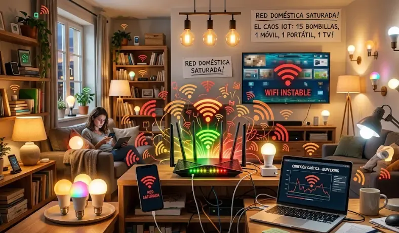 Router colapsado por demasiadas bombillas WiFi: el error más común en domótica Router doméstico saturado con 15 bombillas WiFi, móvil, portátil y TV: el caos de tener muchos dispositivos IoT en WiFi