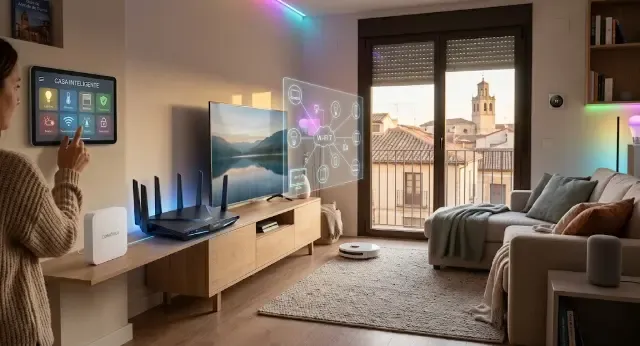 Router Wi‑Fi 7 sobre mueble de salón conectado a varios dispositivos domóticos
