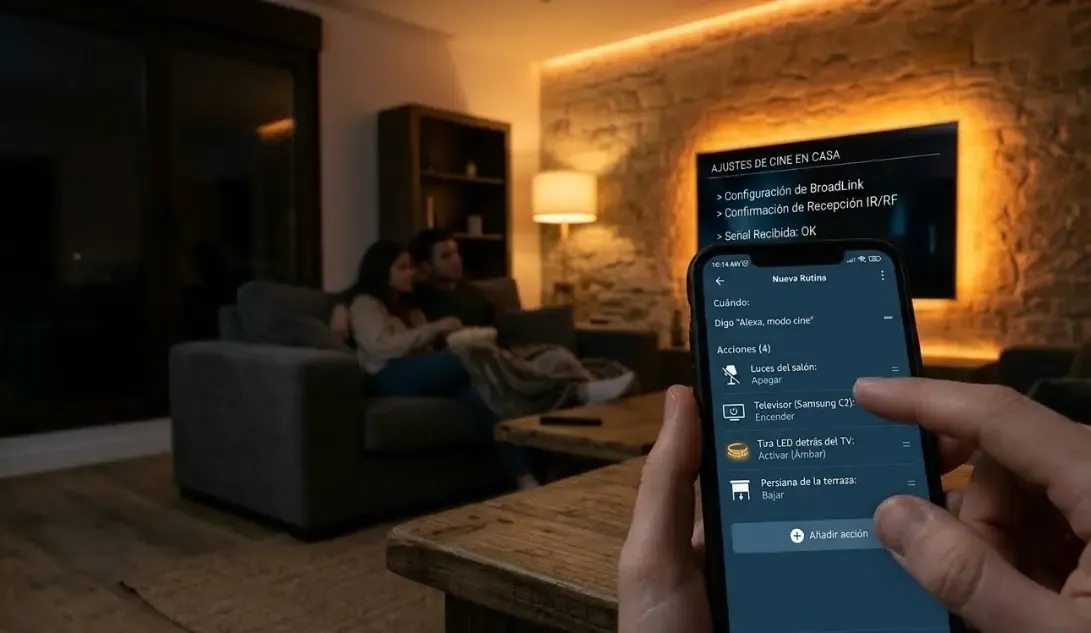 Captura de la pantalla de un móvil configurando una rutina de Alexa donde se suceden órdenes de apagar luces, encender TV, activar tiras LED y bajar persianas.