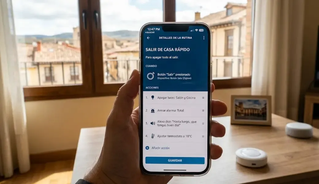 Pantalla de la app Alexa mostrando una rutina con botón inteligente