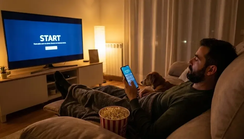 Hombre relajado en el sofá usando el móvil para activar una rutina de cine en casa con luces atenuadas