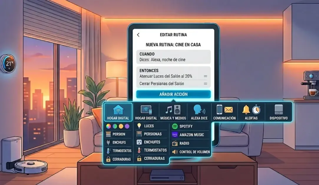 Interfaz de creación de rutinas en la app de Alexa con el menú de acciones desplegado
