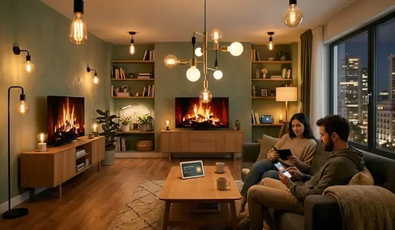 Ambiente real con bombillas inteligentes: domótica que funciona de verdad Salón acogedor con luces cálidas regulables: así se ve una casa con bombillas inteligentes que funcionan bien