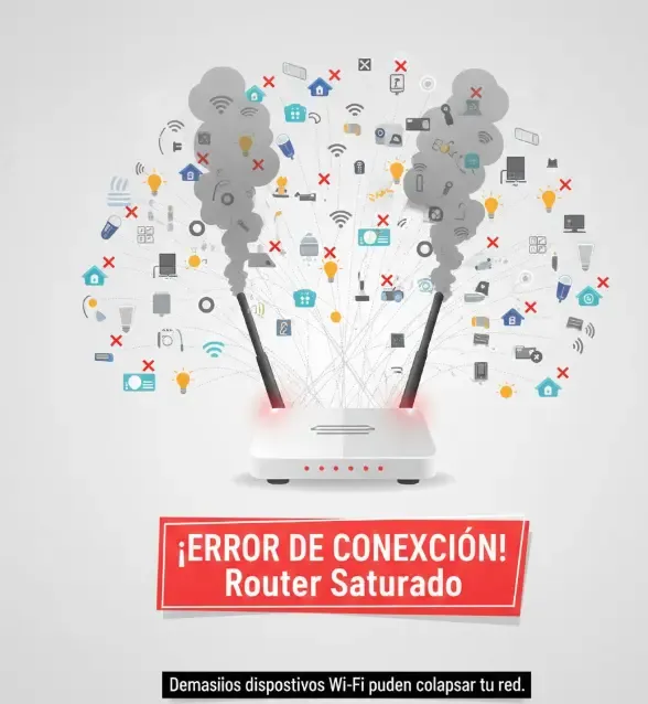 Gráfico visual mostrando un router Wi-Fi básico echando humo al intentar conectar con docenas de bombillas y enchufes inteligentes a la vez