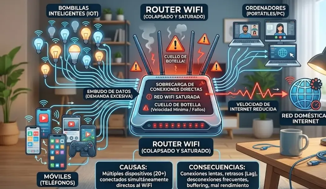 Esquema visual mostrando un router WiFi colapsado por demasiadas conexiones directas de bombillas, móviles y ordenadores, creando un cuello de botella en la red de casa.