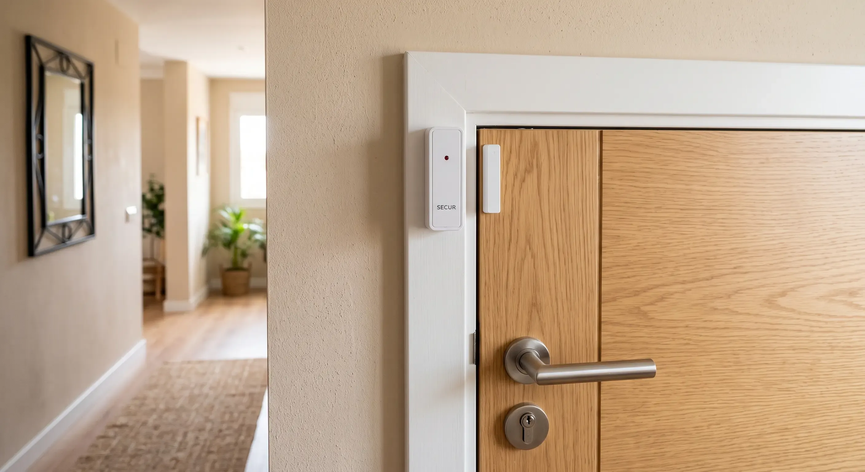 Sensor de apertura instalado en puerta con marco de sensor magnético