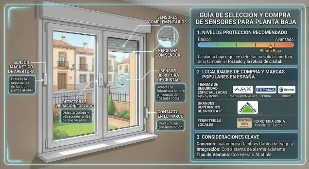 Sensor de apertura magnético instalado en una ventana de planta baja