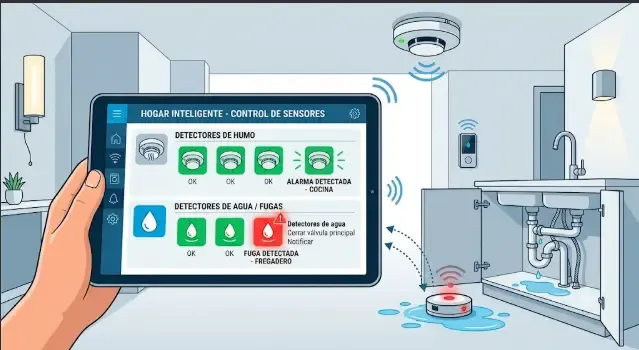 Sensor de fuga de agua colocado bajo un fregadero de cocina